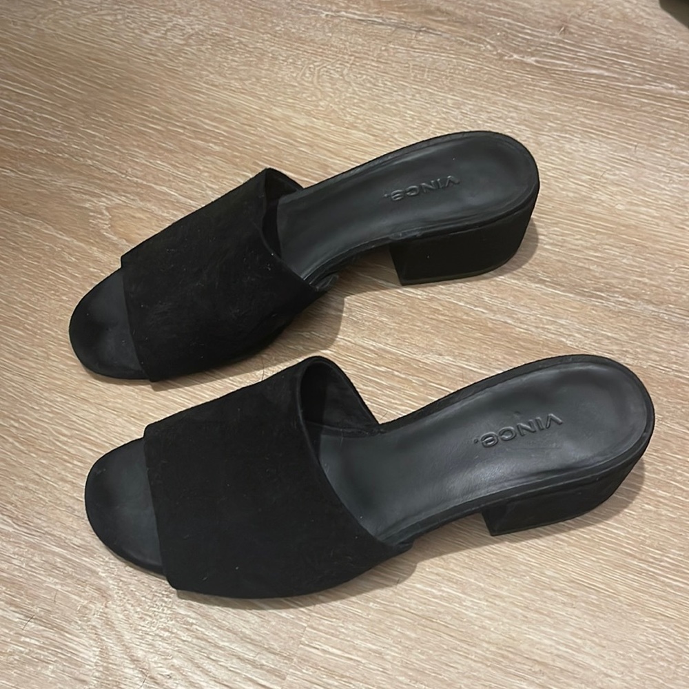 Vince suede open toe block heel mule